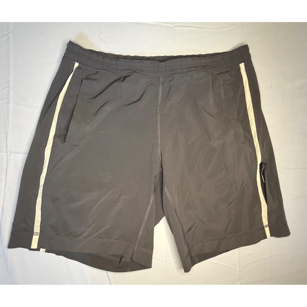Lululemon Mens Athletic Training Shorts Charcoal Grey Mesh Stripe Size 34